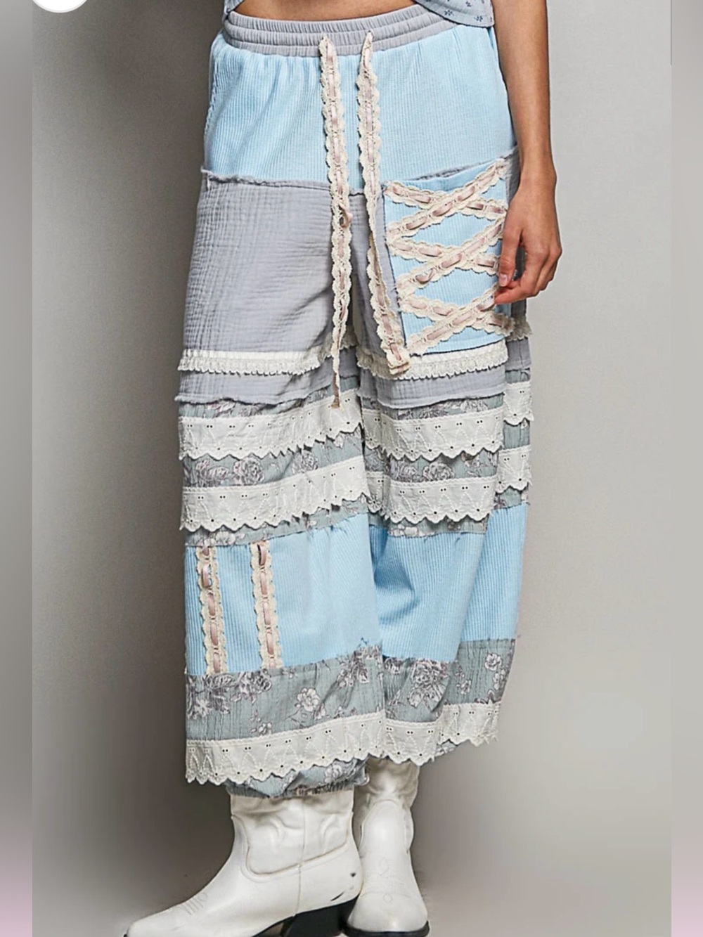 POL Boho Patchwork Wide-Leg Pants - Light Blue & Gray Size Medium